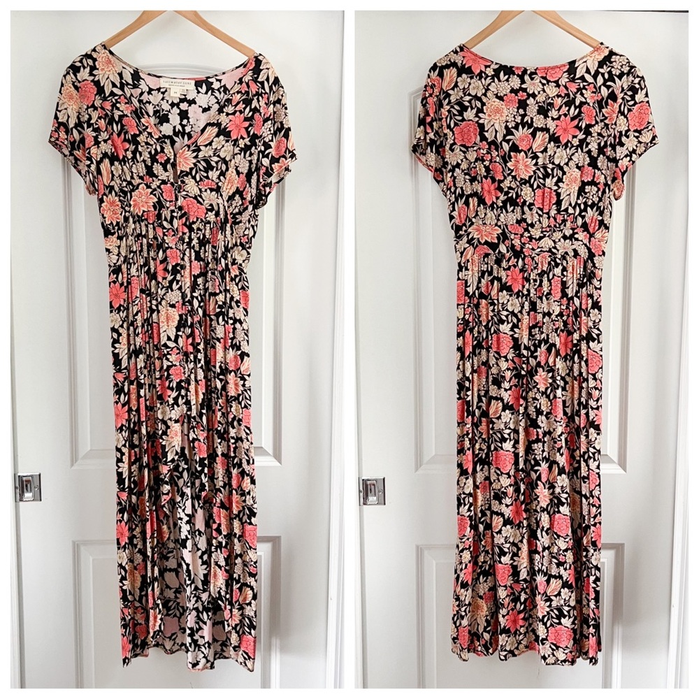 Saltwater luxe, pink and black floral mid length dress, medium